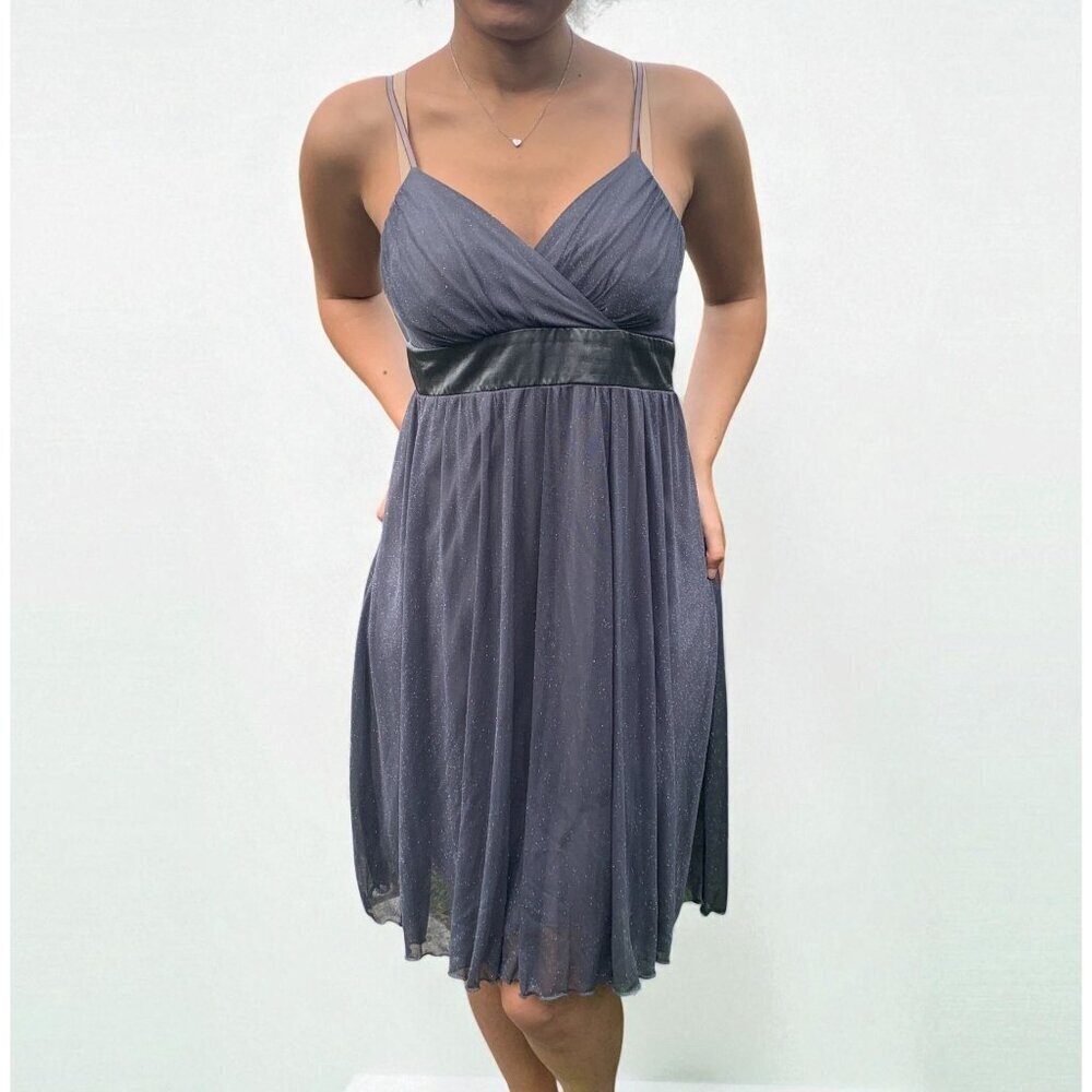 Hot Kiss Metallic Gray Spaghetti Strap Dress Waistband Pleated Skirt Size M